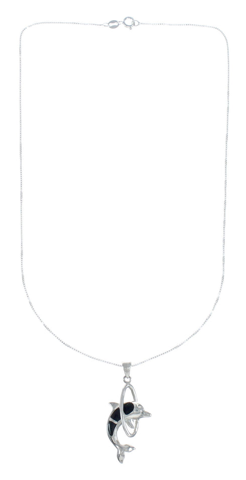 Southwest Dolphin Jet Inlay Sterling Silver Box Chain Necklace Set JX129137